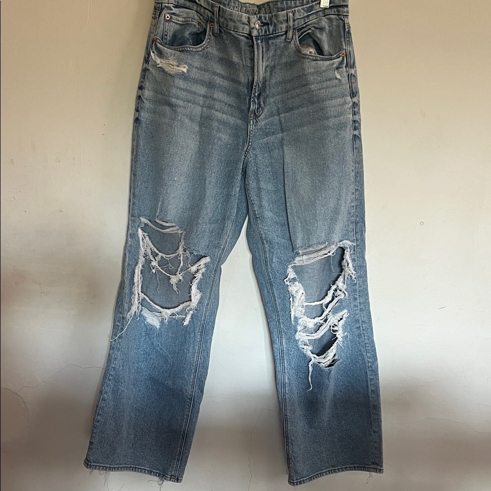 American Eagle Light Blue Distressed Straight Leg Jeans super high waist style